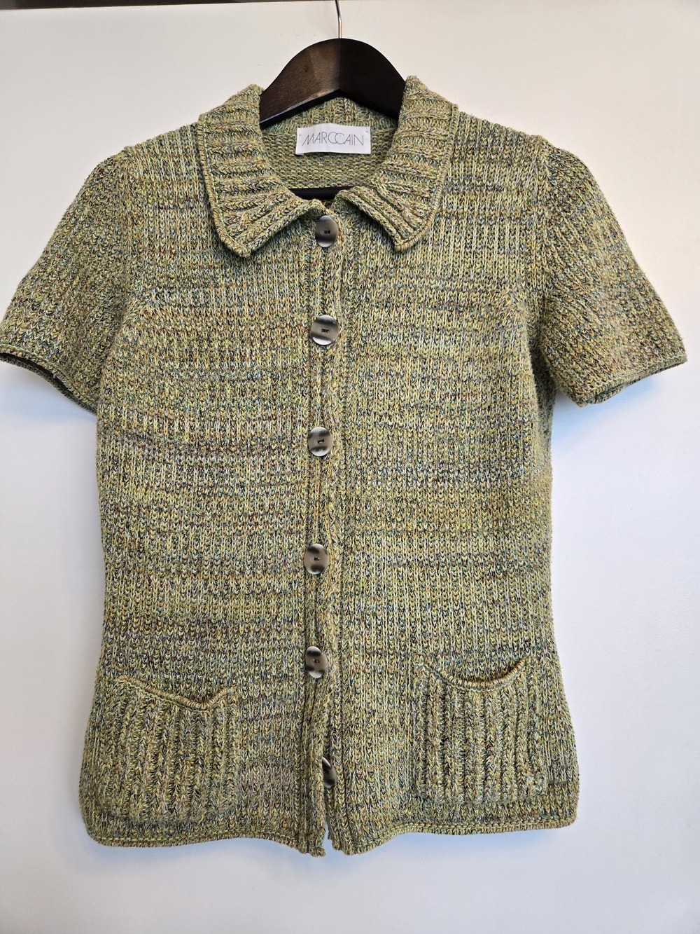 Marc Cain Short Sleeve Knit Cardigan Sweater Green Marled Collar Top M